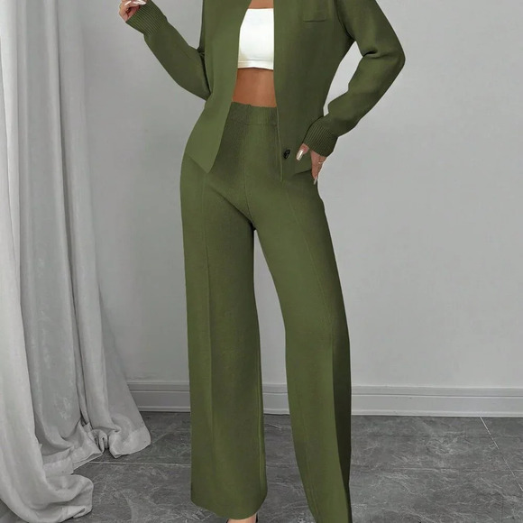 Green Elegant Women's Loose Long Sleeve Crew Neck  Knit Sweater & Suit Pants Set - Picture 5 of 8